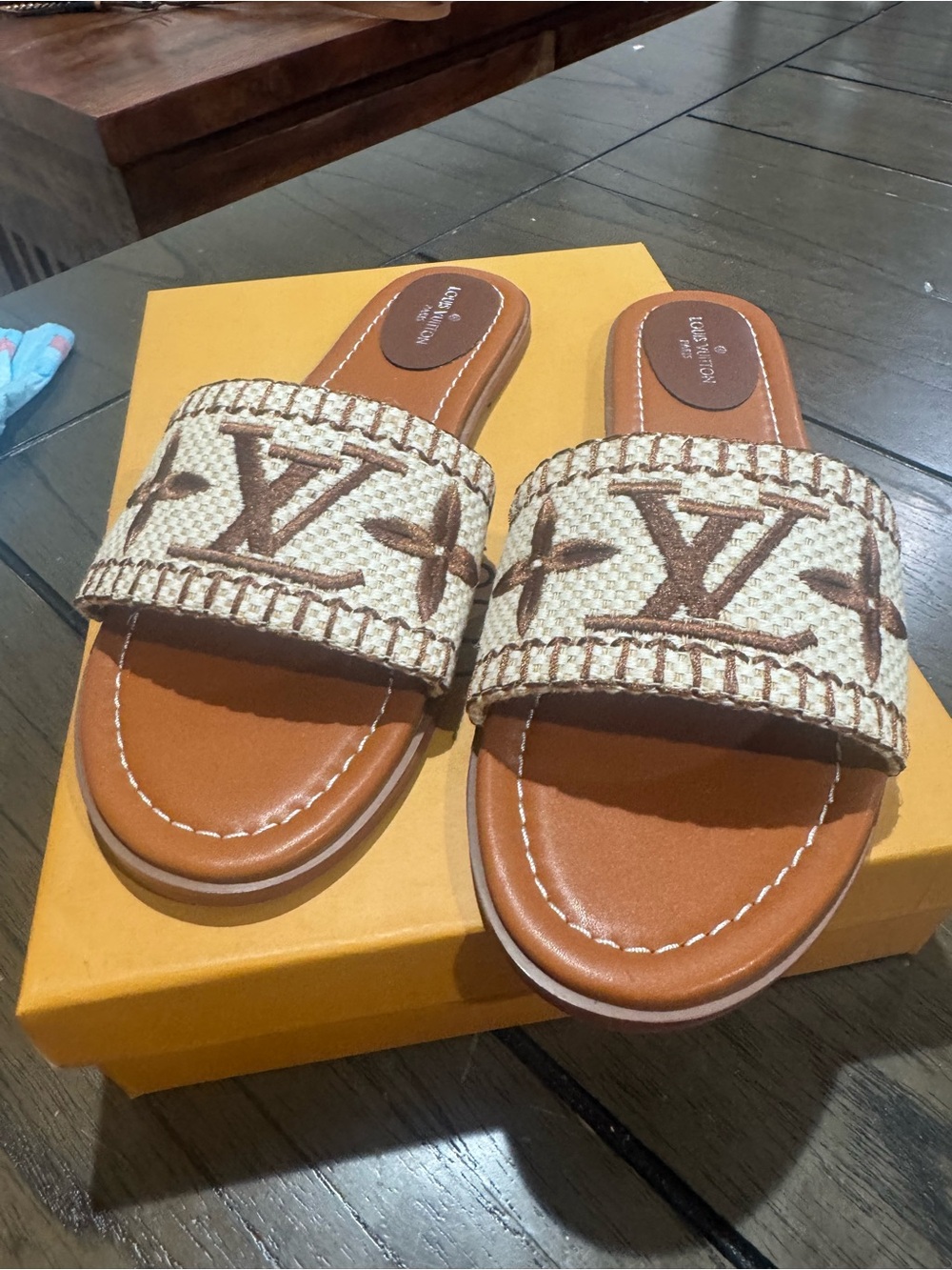 Brown & Cream Woven Slide Sandals
